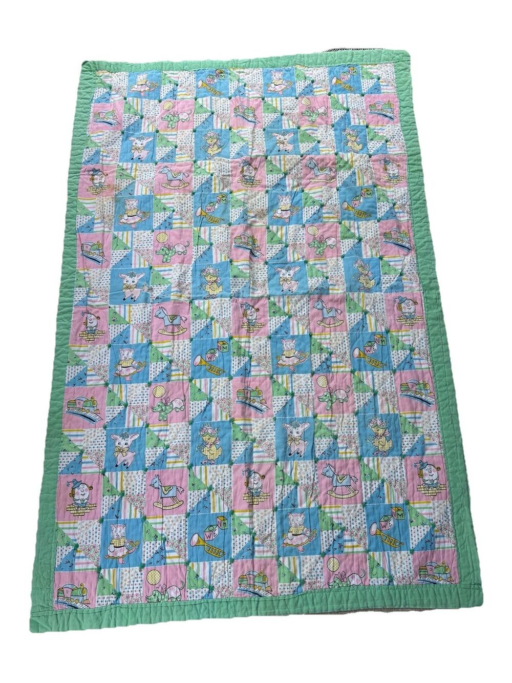 Vintage Baby Quilt Blanket Humpty Lamb Dog Cat Train Doll 49"x 33" Cotton